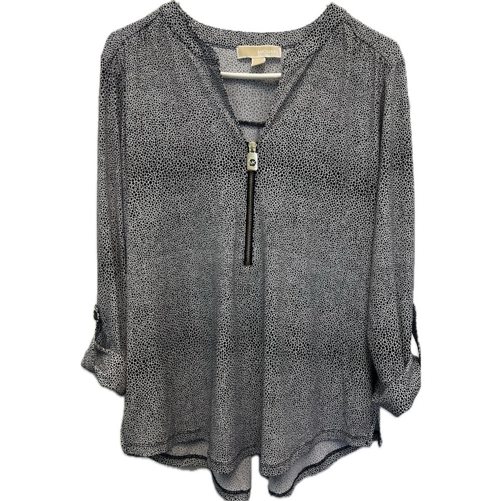 MICHAEL Michael Kors Gold Metal Zip V-Neck Roll Up Long Sleeve Animal Pr…